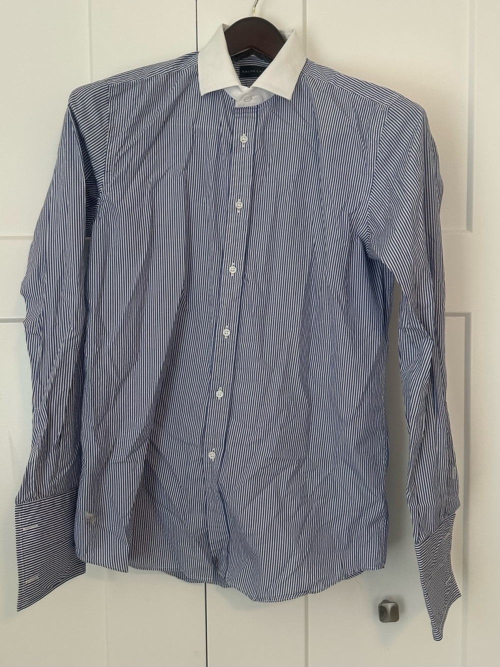 Vintage Y2K Ralph Lauren Blue Pinstripe Dress Shirt‎ with White Contrast Collar